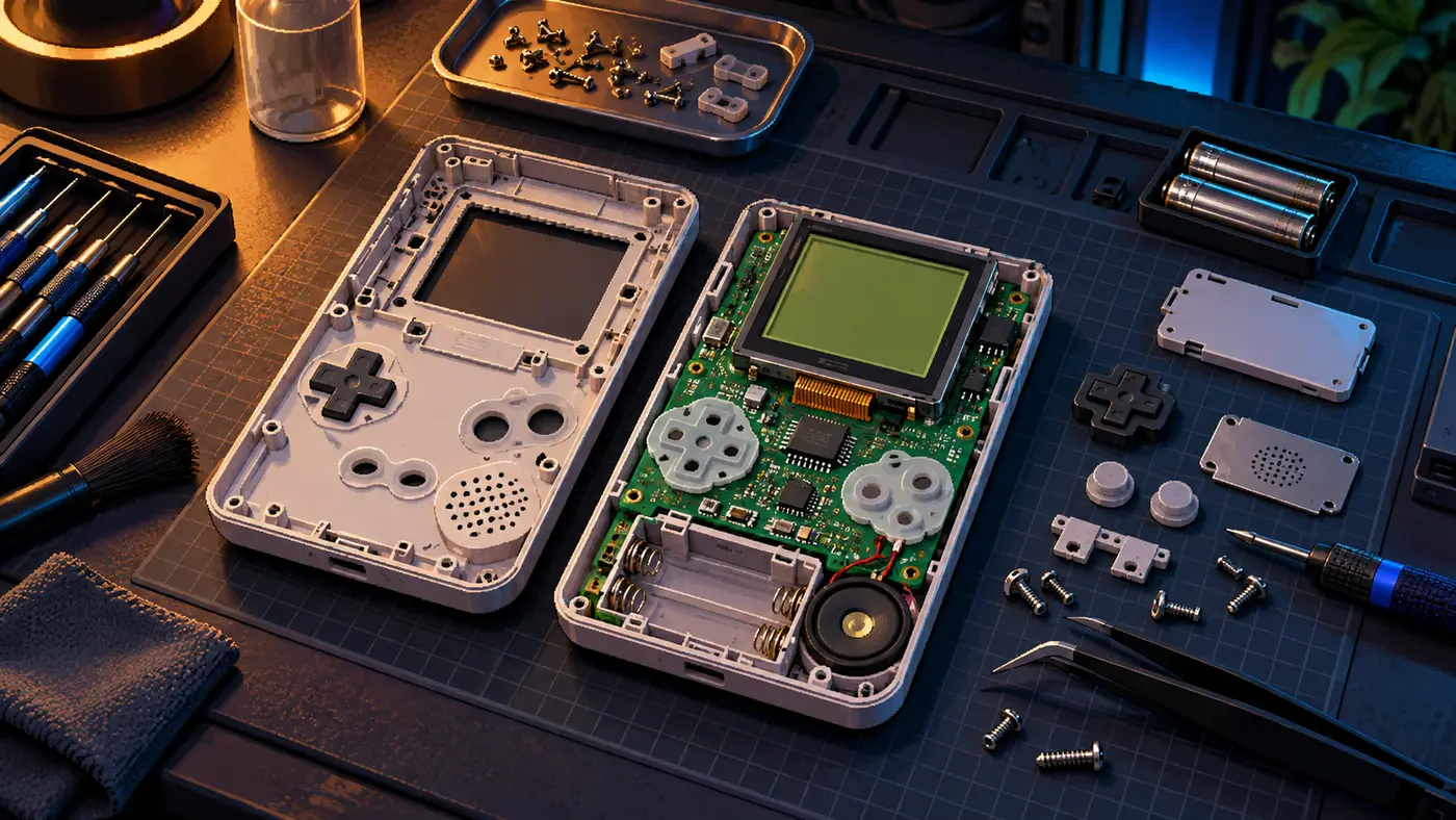 Classic gaming hardware arranged for cleaning and restoration