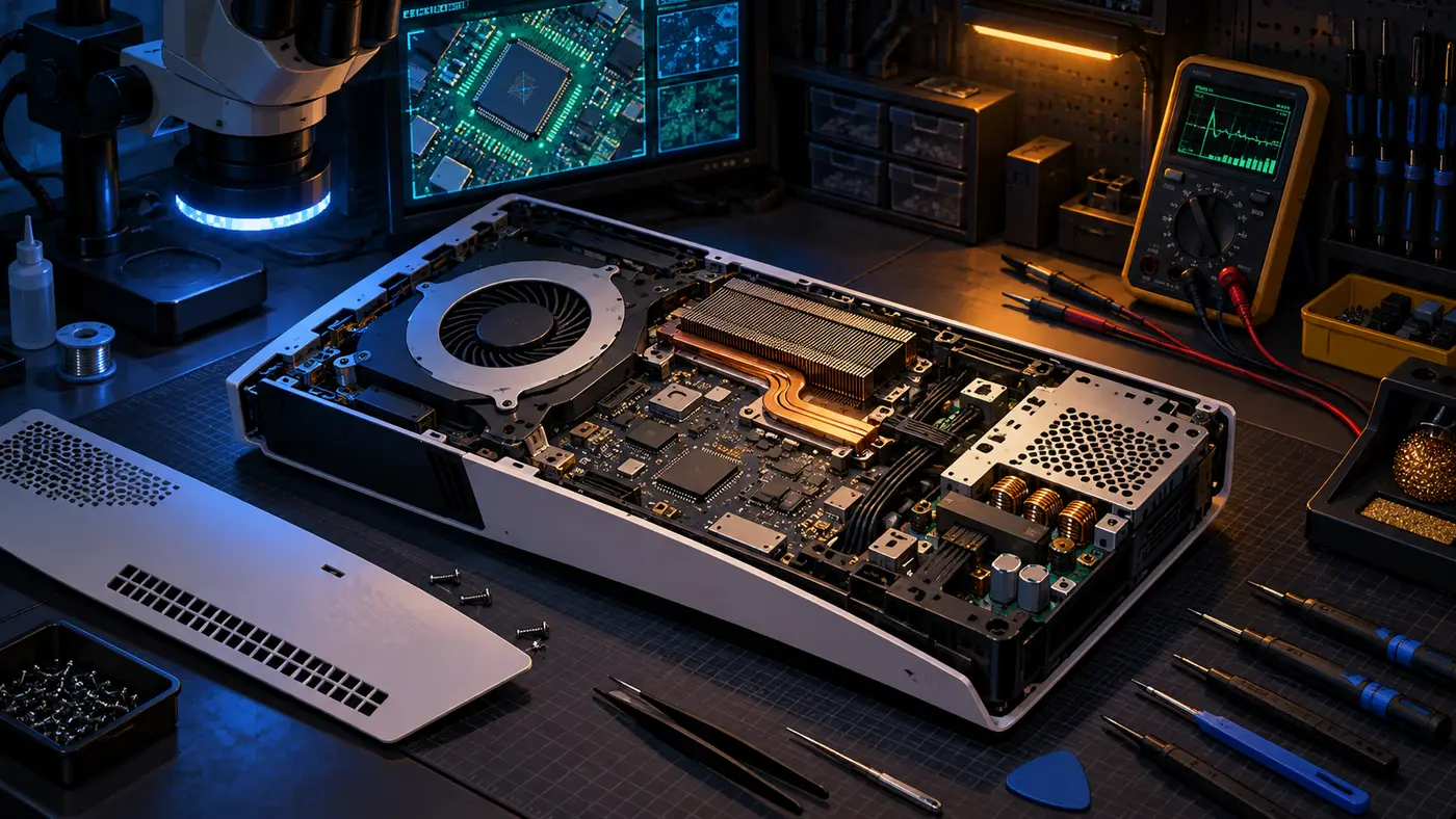 Modern games console being inspected with diagnostic equipment