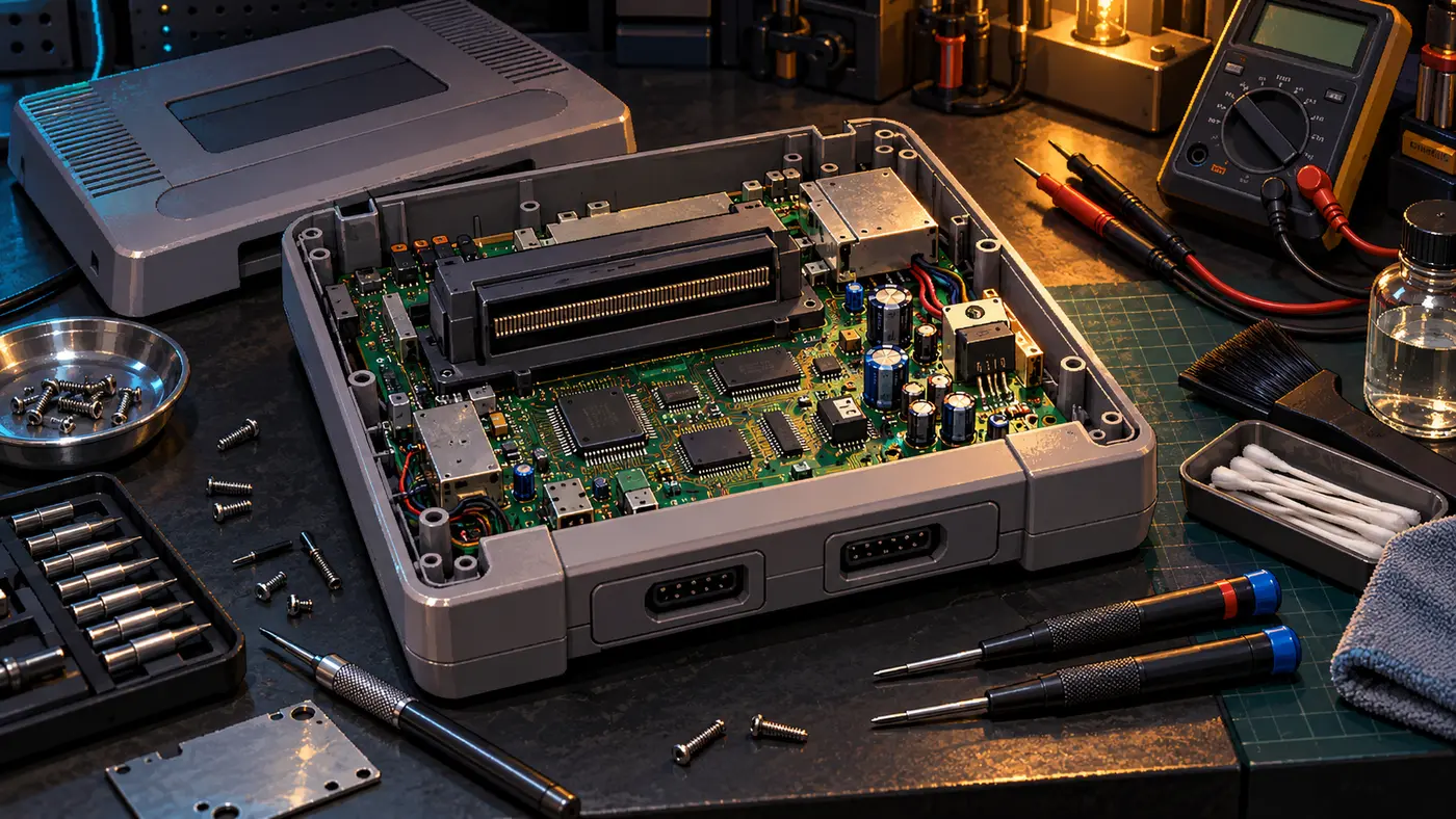 Classic console opened on an electronics repair bench